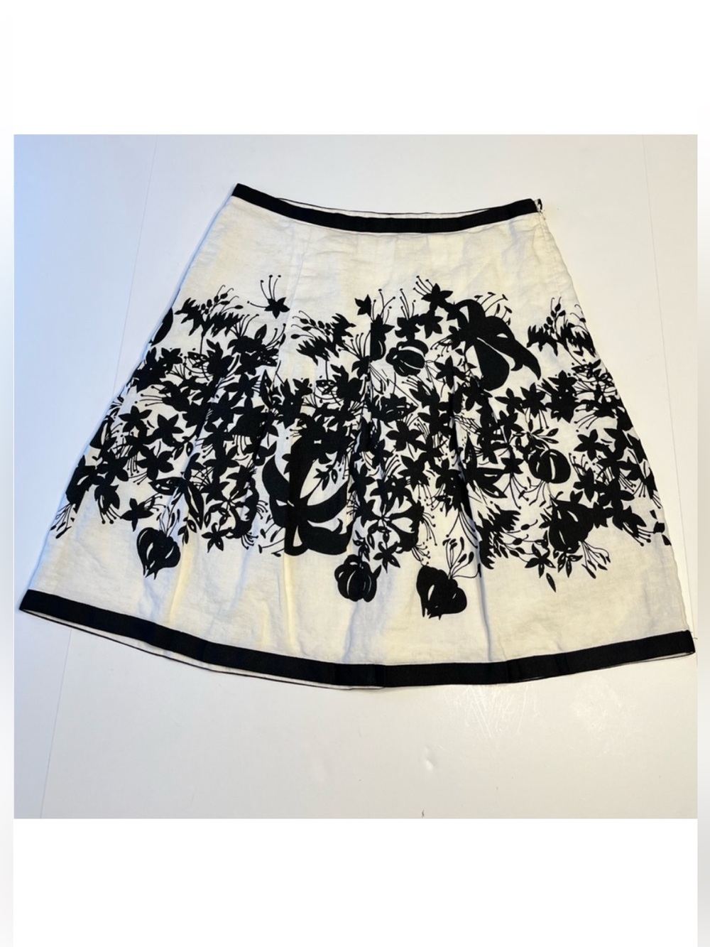 LOFT Petites Floral Linen A-Line Pleated Ribbon Trim Black White Skirt 6P